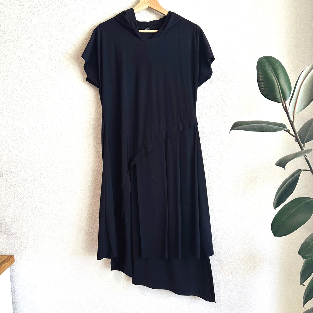 Lisa Bayne Midi Asymmetrical Dress Small Layered Hooded Tech Modern Minimalist